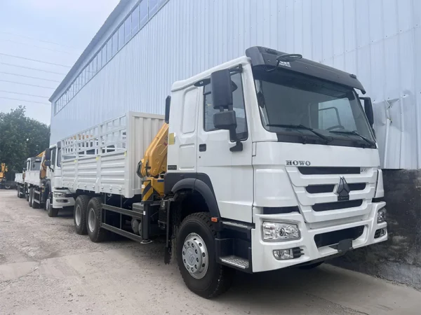 6×4-HOWO-371-Châssis blanc - Crochet jaune - Benne à ranchers - Grue sur camion-1